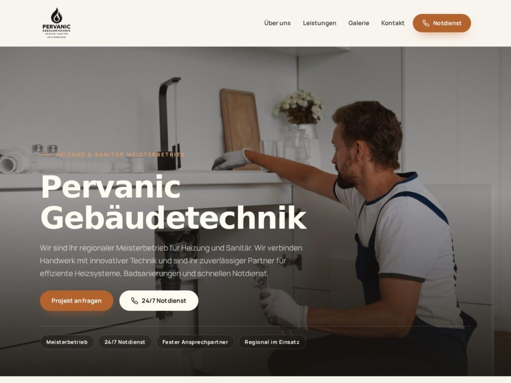 Startseite von pervanic-gebaeudetechnik.de: One-Pager des Heizungs- und Sanitaer-Meisterbetriebs