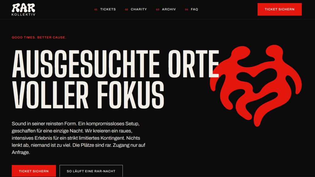 Startseite von rarkollektiv.de: Headline „Ausgesuchte Orte, voller Fokus“, rotes Signet und Button „Ticket sichern“