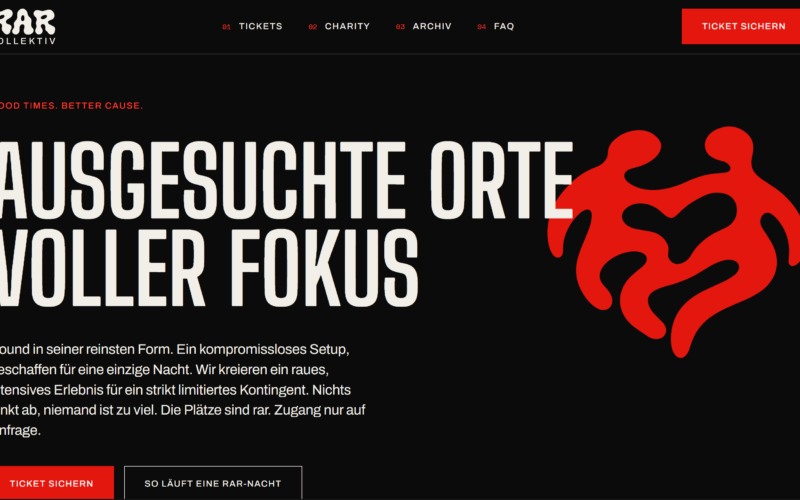 Startseite von rarkollektiv.de: Headline „Ausgesuchte Orte, voller Fokus“, rotes Signet und Button „Ticket sichern“